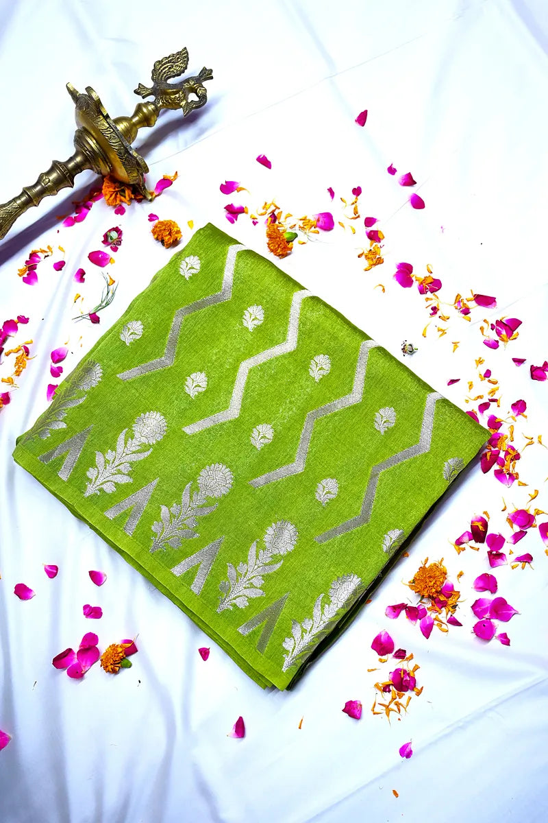 Lime Green Banarasi Silk Saree with Silver Zari Floral & Zig-Zag Weaving(RLSS-187)
