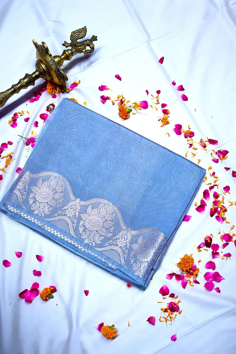 Steel Blue Banarasi Soft Silk Saree featuring Heavy Silver Cut-Work Border(RLSS-196)