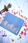 Steel Blue Banarasi Soft Silk Saree featuring Heavy Silver Cut-Work Border(RLSS-196)