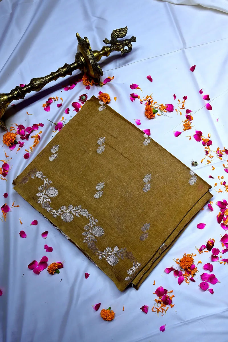 Mustard Gold Banarasi Silk Saree with Silver Zari Floral Motifs & Vine Border(RLSS-206)