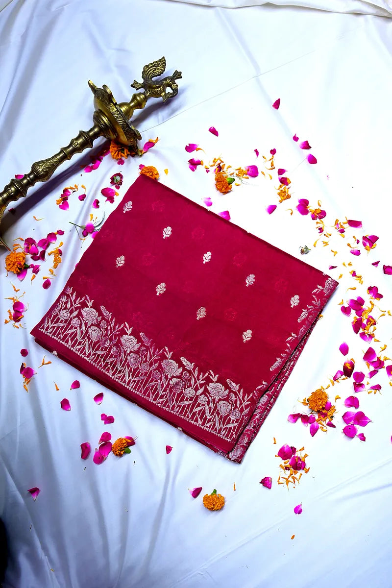 Crimson Red Banarasi Soft Silk Saree featuring Silver Zari Floral Field Border(RLSS-205)