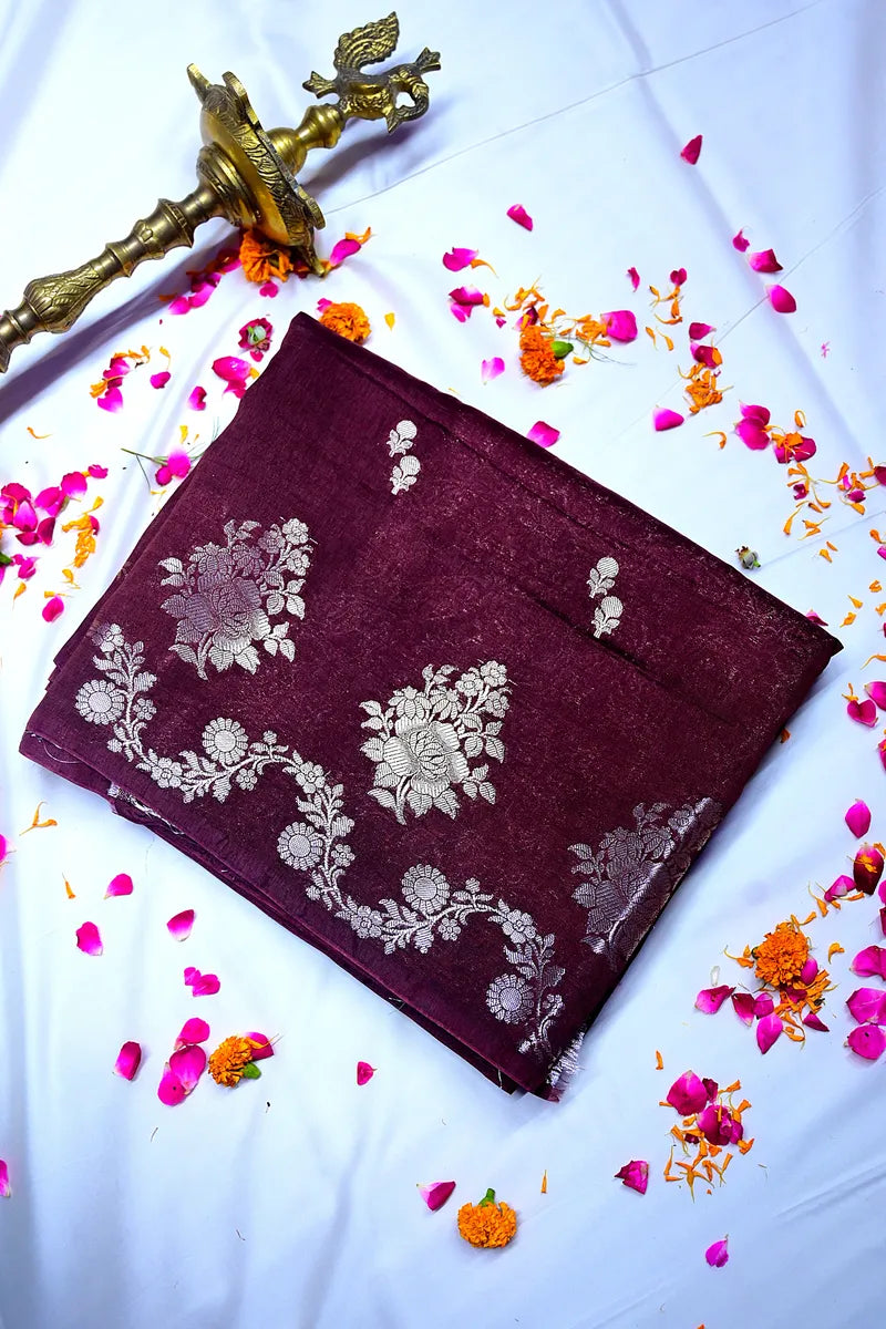 Deep Wine Banarasi Silk Saree with Silver Zari Floral Motifs & Vine Border(RLSS-204)