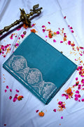 Teal Blue Banarasi Silk Saree with Silver Zari Scalloped Floral BorderRLSS-194)