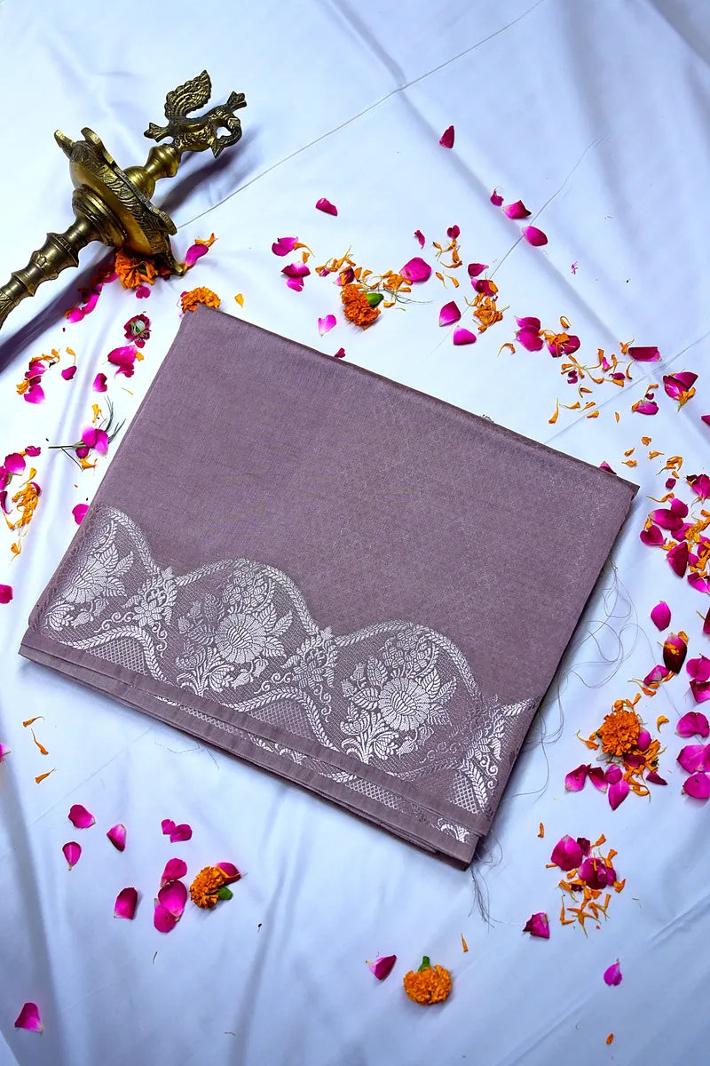 Dusty Mauve Banarasi Silk Saree with Silver Zari Scalloped Floral Border(RLSS-195)