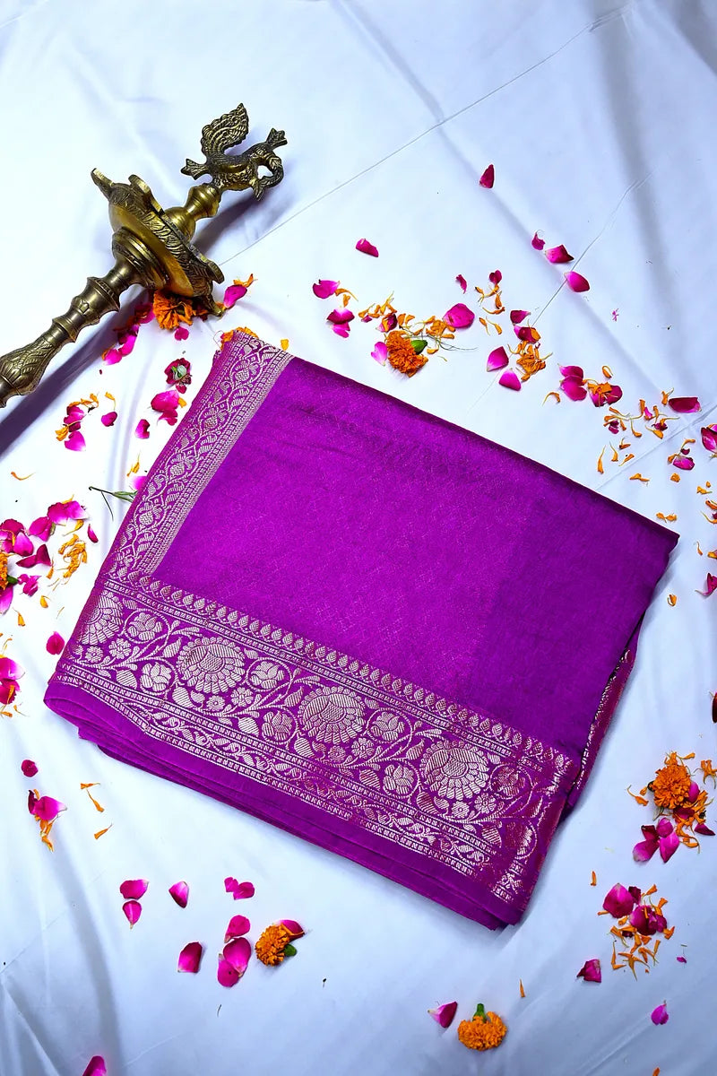Vibrant Magenta Banarasi Silk Saree with Intricate Silver Zari Floral Border(RLSS-214)