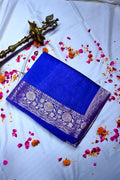 Electric Blue Banarasi Silk Saree with Intricate Silver Zari Floral Border(RLSS-217)