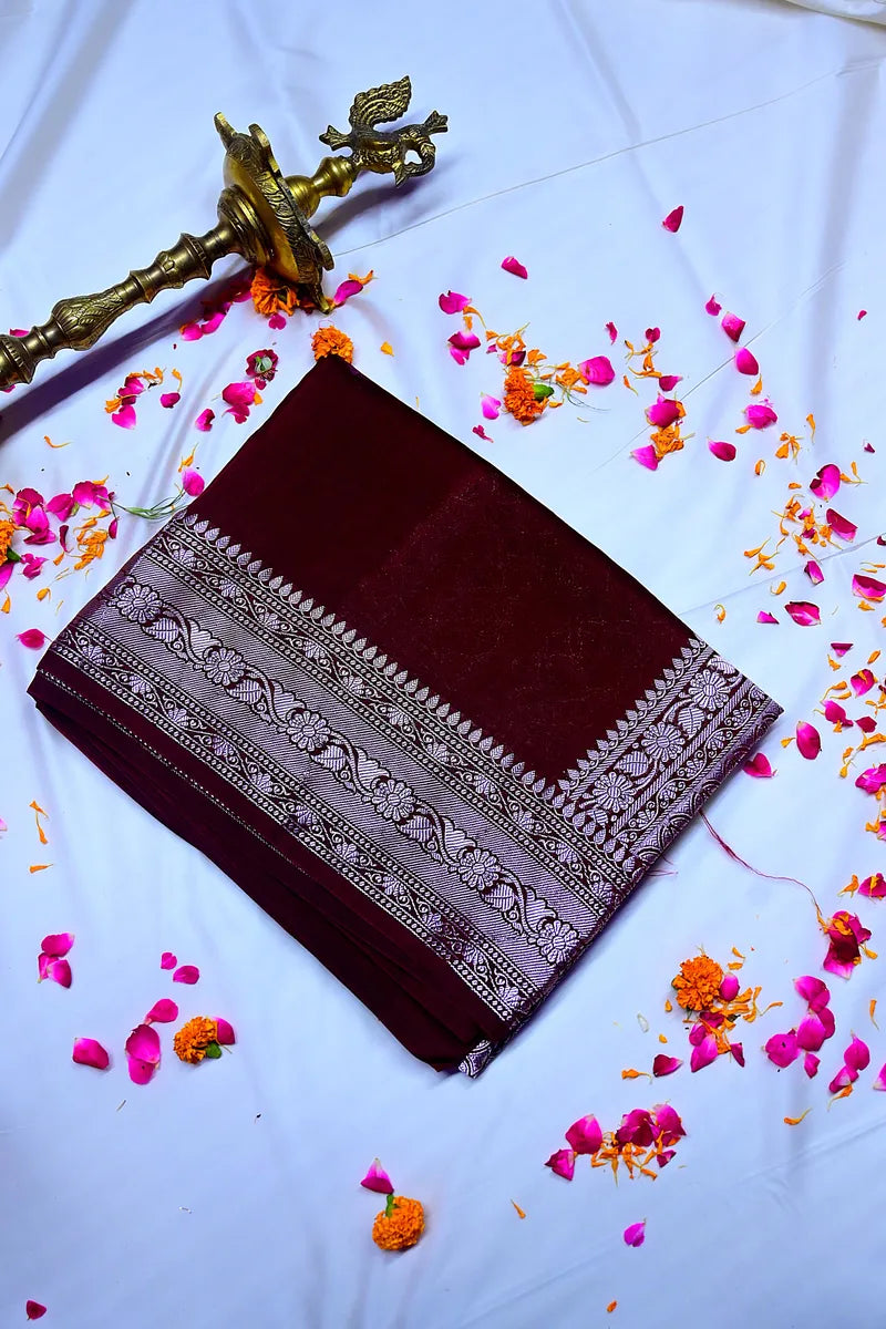 Dark Chocolate Maroon Soft Silk Saree with Ornate Silver Zari Floral Border(RLSS-203)