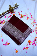Dark Chocolate Maroon Soft Silk Saree with Ornate Silver Zari Floral Border(RLSS-203)
