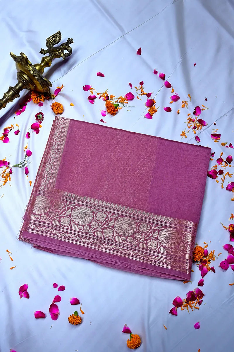 Dusty Pink Banarasi Silk Saree with Intricate Silver Zari Floral Border(RLSS-216)
