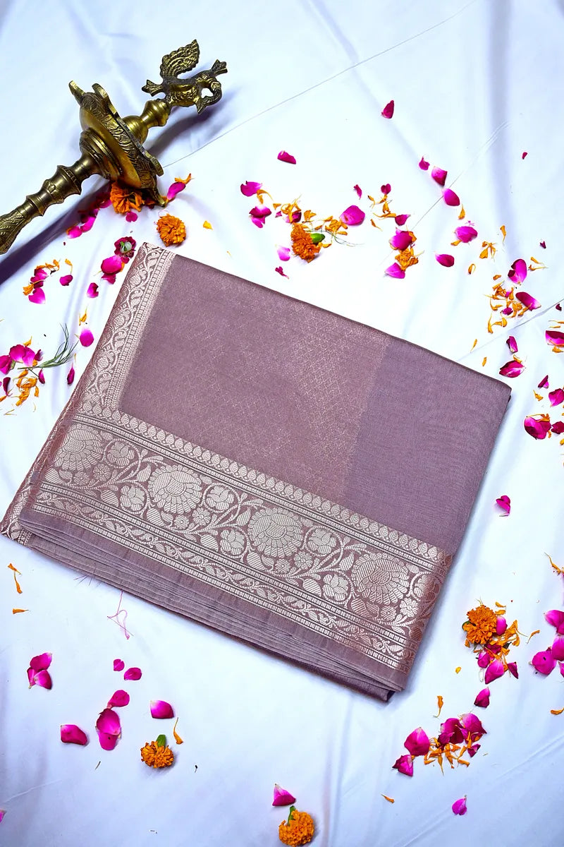 Subtle Mauve Banarasi Silk Saree with Intricate Silver Zari Floral Border(RLSS-215)