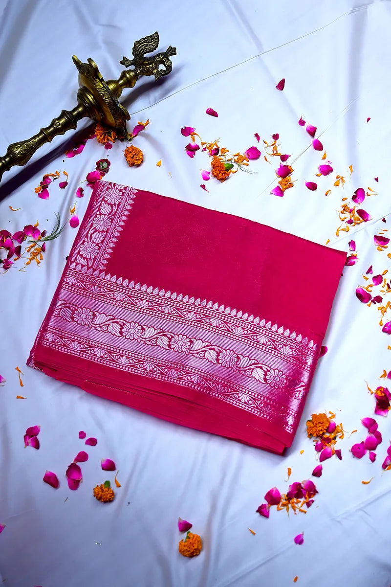 Bright Red Banarasi Silk Saree with Antique Silver Zari Border(RLSS-202)