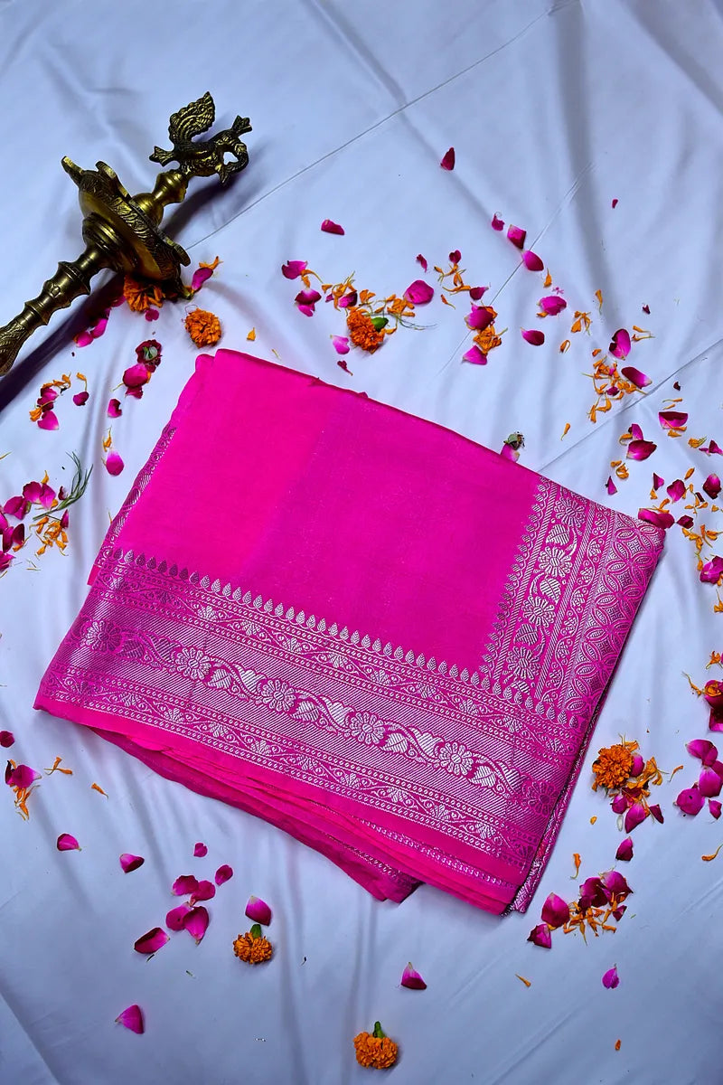 Rani Pink Banarasi Silk Saree with Antique Silver Zari Border(RLSS-201)