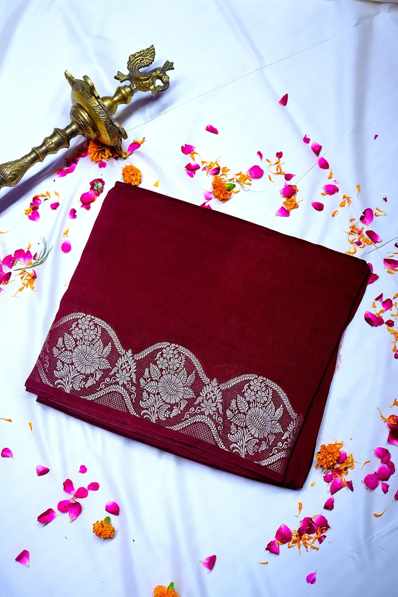 Maroon Banarasi Silk Saree with Silver Zari Scalloped Floral Border(RLSS-192)