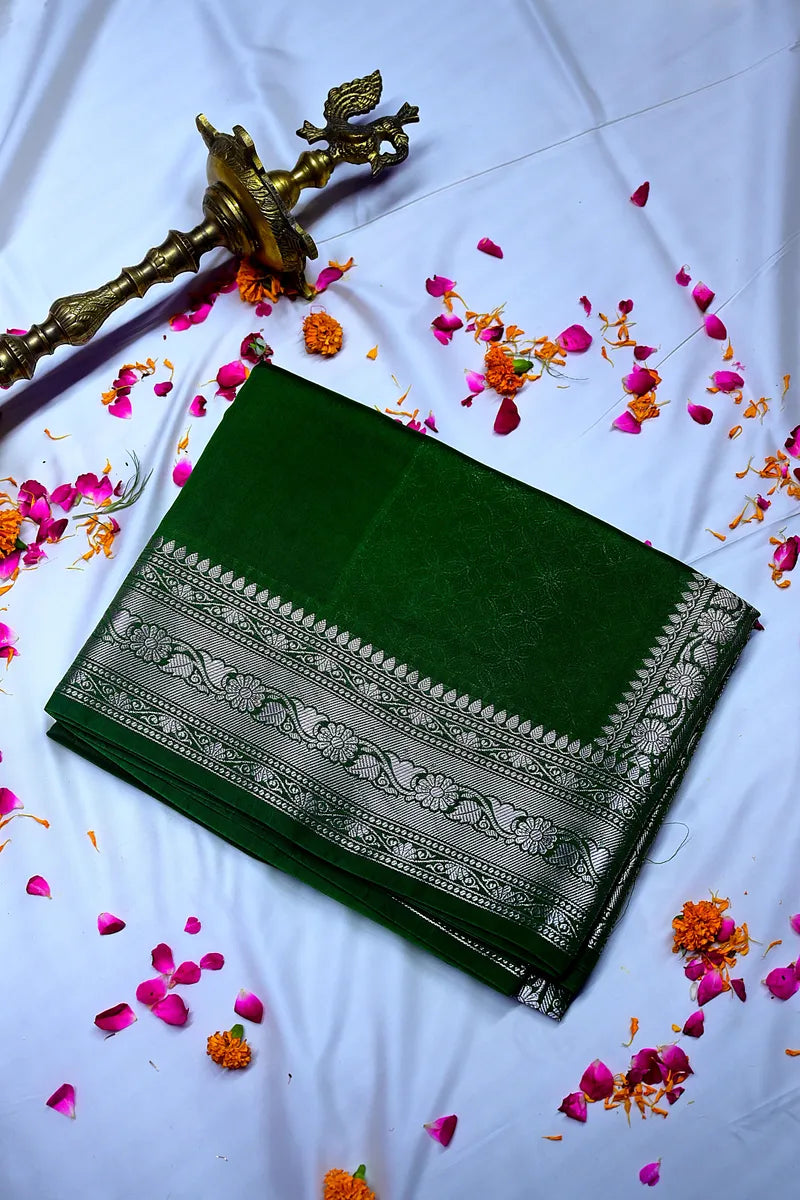 Bottle Green Banarasi Silk Saree with Ornate Silver Zari Floral Border(RLSS-199)