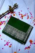 Bottle Green Banarasi Silk Saree with Ornate Silver Zari Floral Border(RLSS-199)