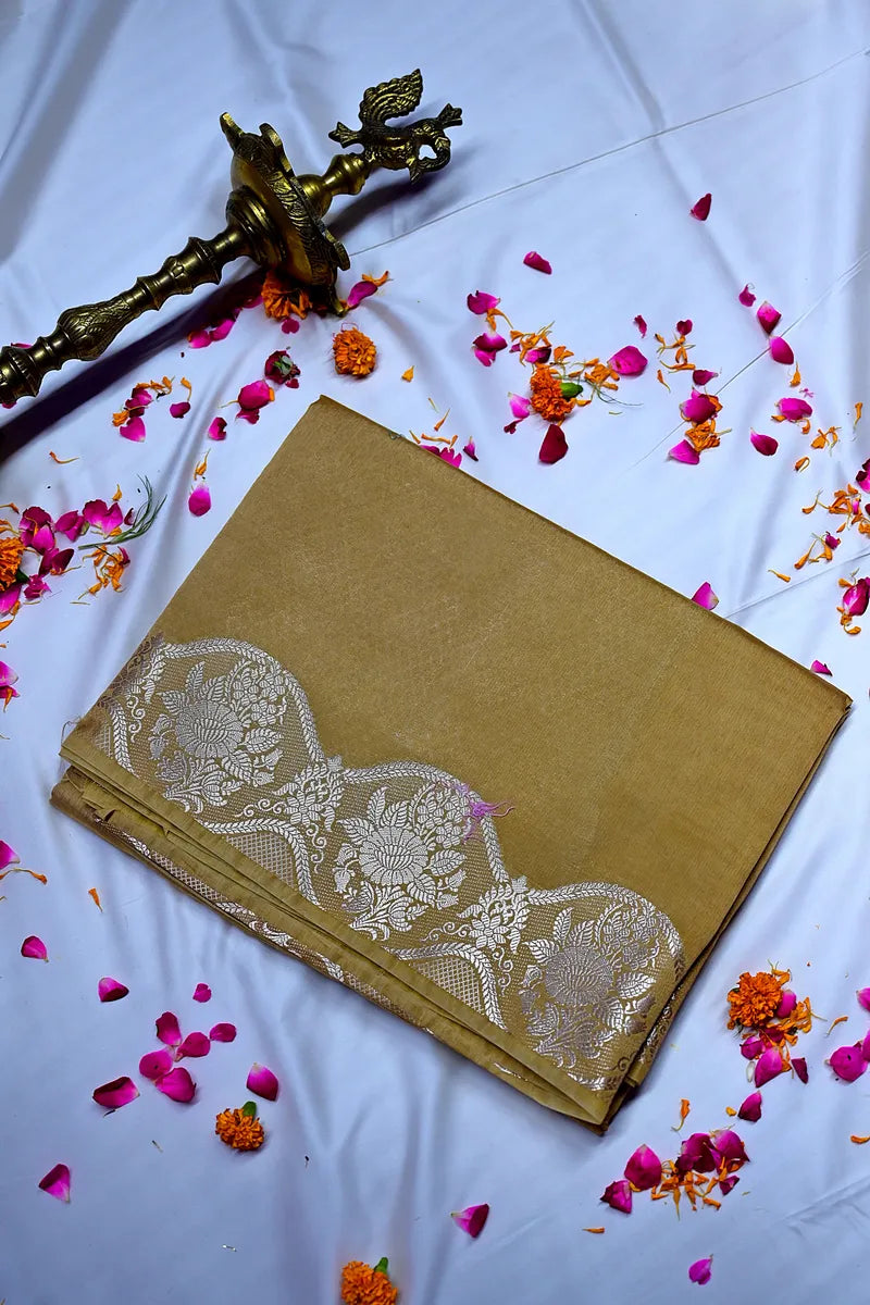 Golden Beige Banarasi Silk Saree with Silver Zari Scalloped Floral Border(RLSS-190)