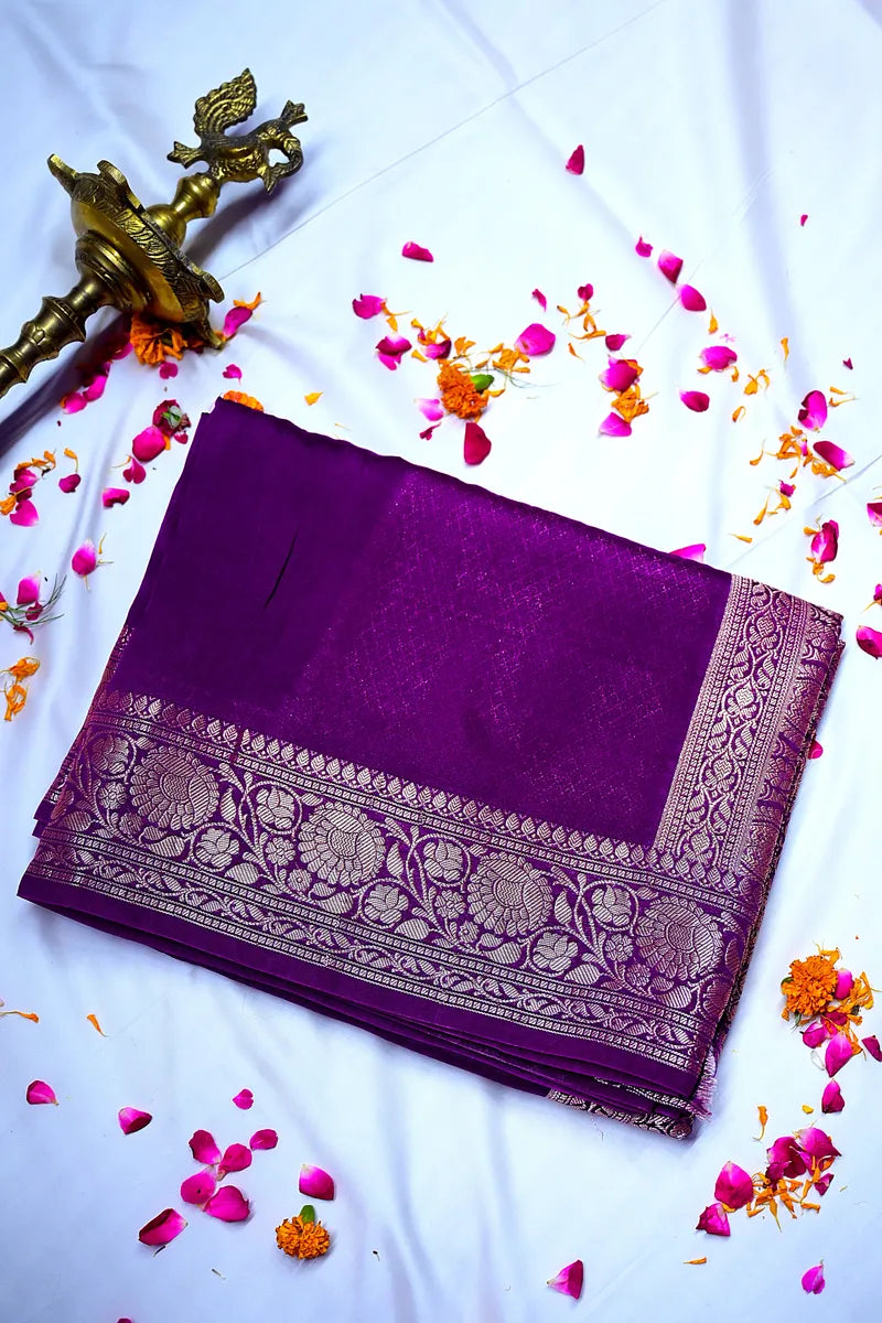 Royal Purple Banarasi Silk Saree with Antique Gold Zari Floral Border(RLSS-188)