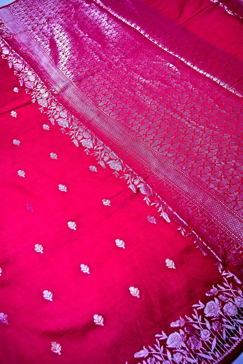 Crimson Red Banarasi Soft Silk Saree featuring Silver Zari Floral Field Border(RLSS-205)