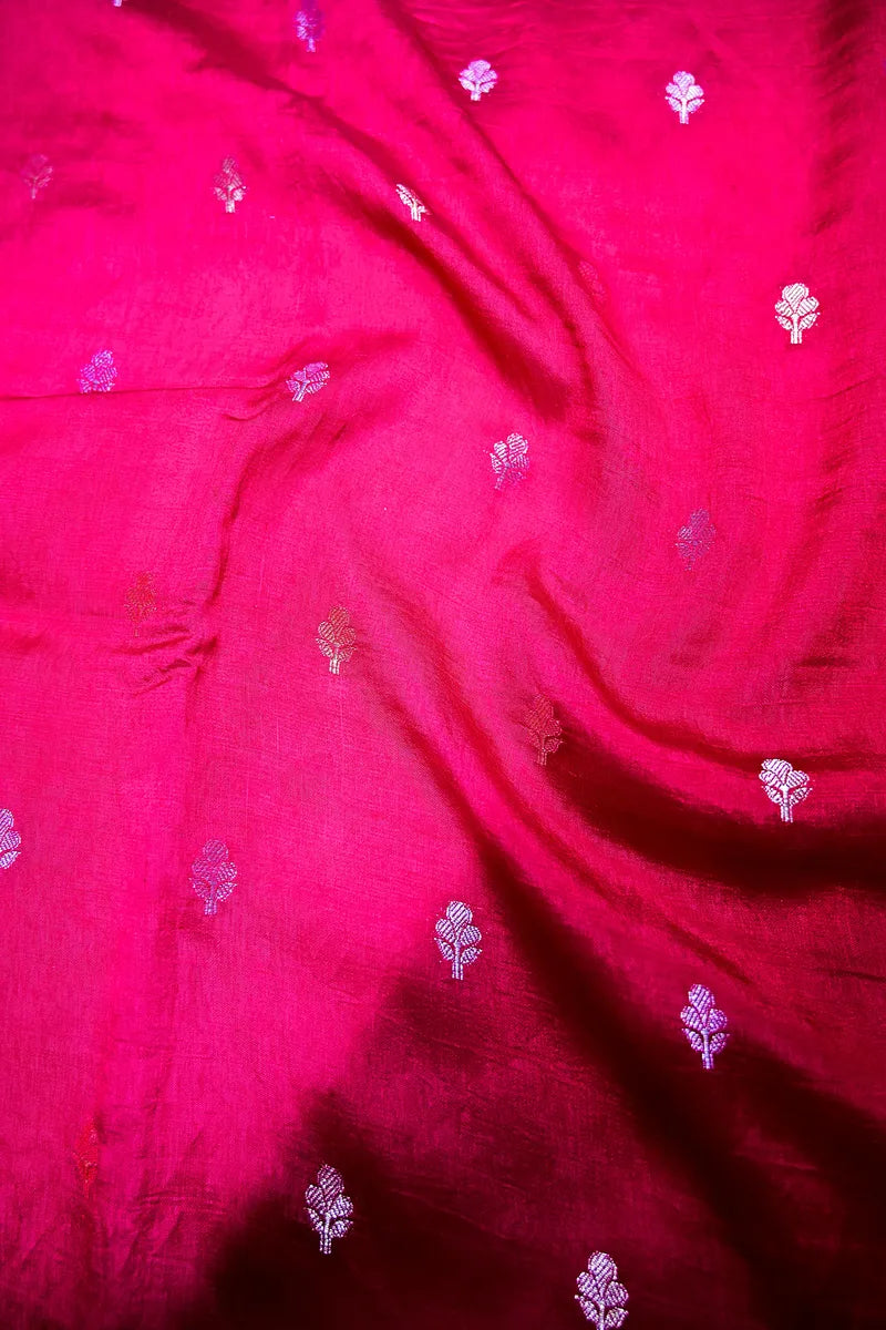 Crimson Red Banarasi Soft Silk Saree featuring Silver Zari Floral Field Border(RLSS-205)