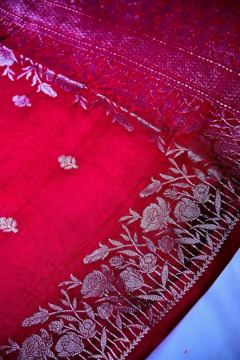 Crimson Red Banarasi Soft Silk Saree featuring Silver Zari Floral Field Border(RLSS-205)