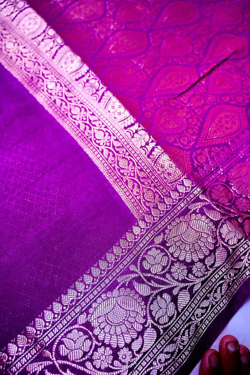 Royal Purple Banarasi Silk Saree with Antique Gold Zari Floral Border(RLSS-188)