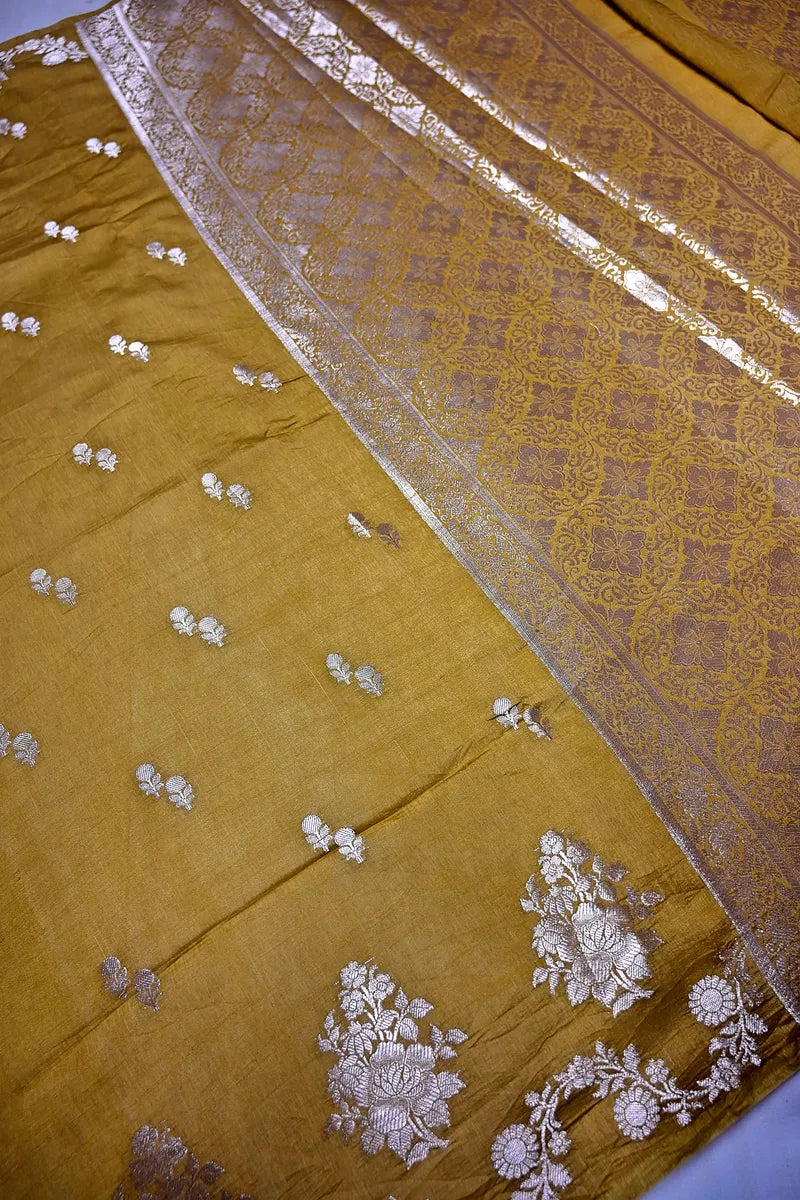 Mustard Gold Banarasi Silk Saree with Silver Zari Floral Motifs & Vine Border(RLSS-206)