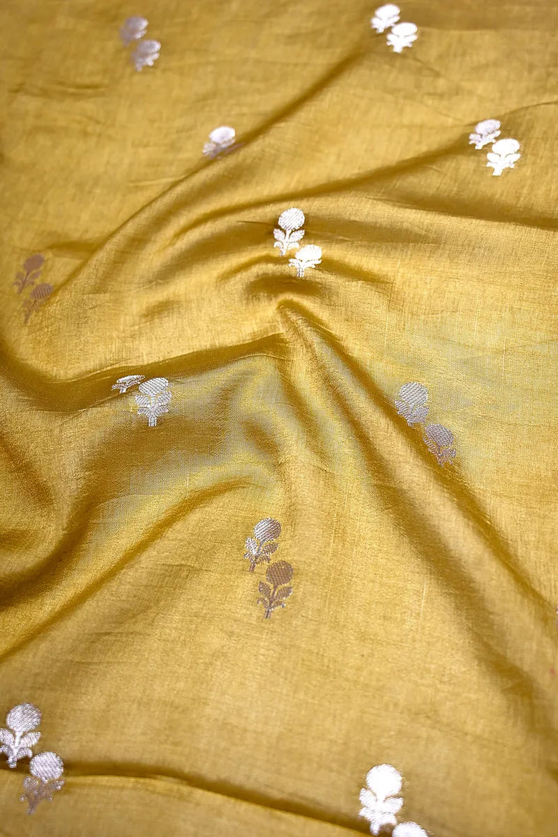 Mustard Gold Banarasi Silk Saree with Silver Zari Floral Motifs & Vine Border(RLSS-206)
