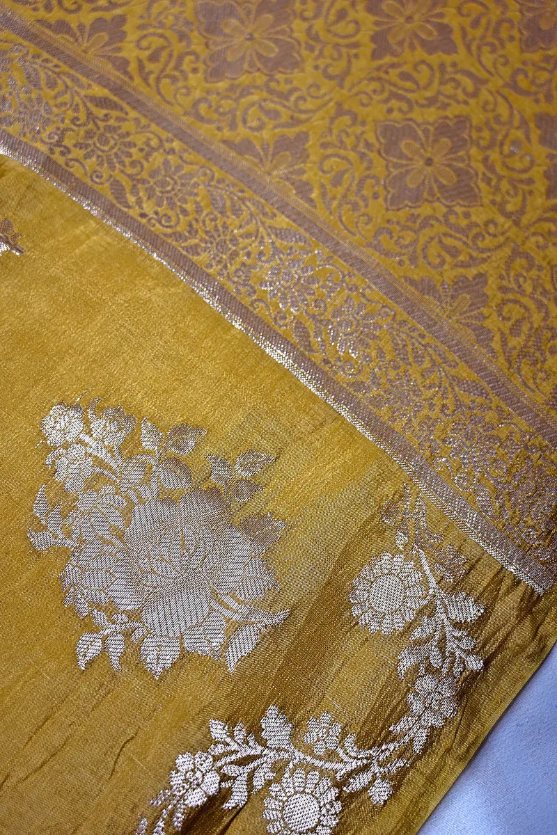 Mustard Gold Banarasi Silk Saree with Silver Zari Floral Motifs & Vine Border(RLSS-206)