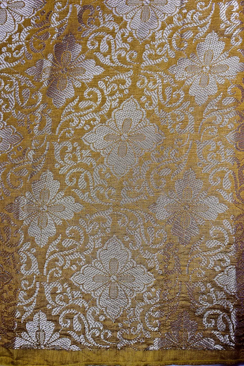 Mustard Gold Banarasi Silk Saree with Silver Zari Floral Motifs & Vine Border(RLSS-206)