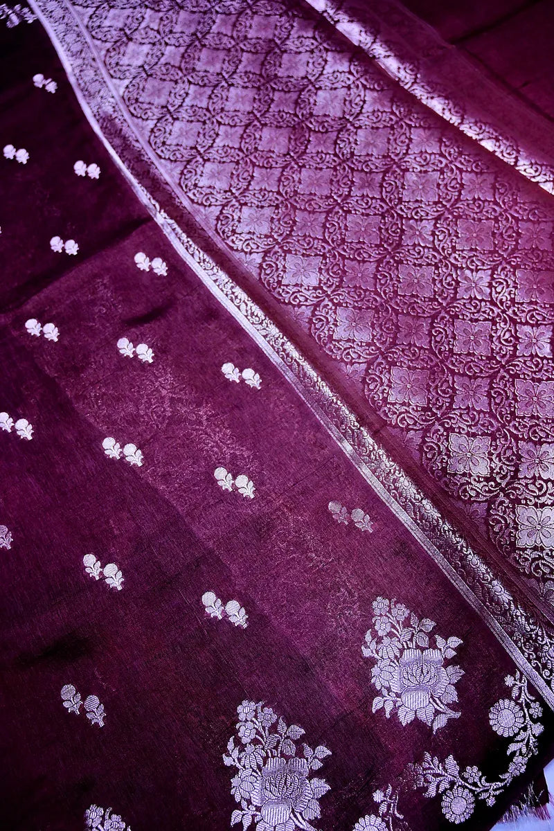 Royal Wine Banarasi Silk Saree with Intricate Silver Zari Floral Motif Border(RLSS-207)