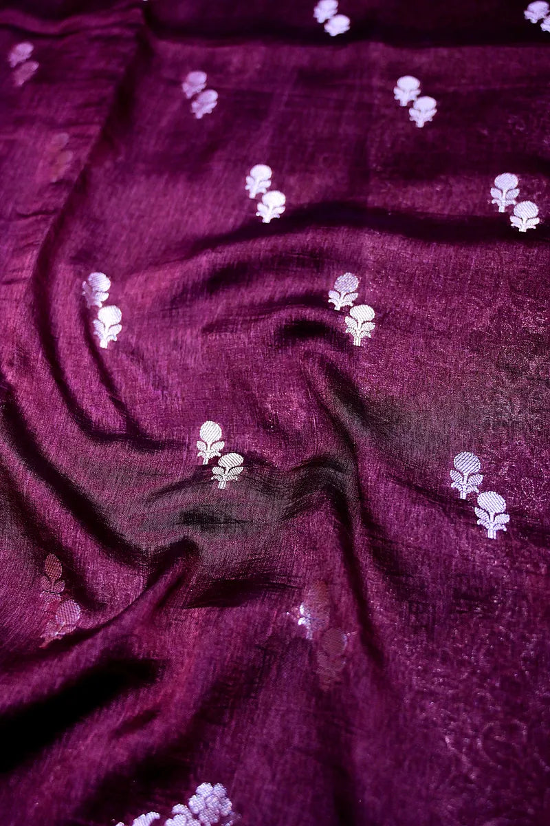 Royal Wine Banarasi Silk Saree with Intricate Silver Zari Floral Motif Border(RLSS-207)