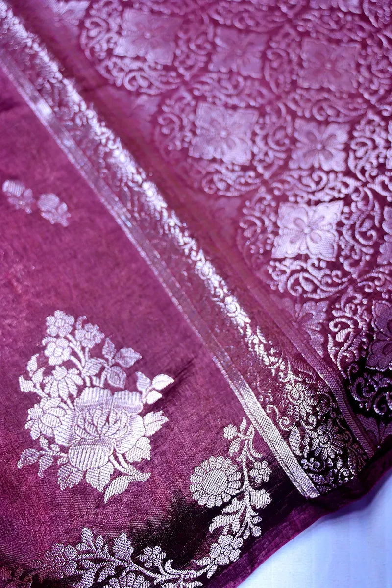 Royal Wine Banarasi Silk Saree with Intricate Silver Zari Floral Motif Border(RLSS-207)