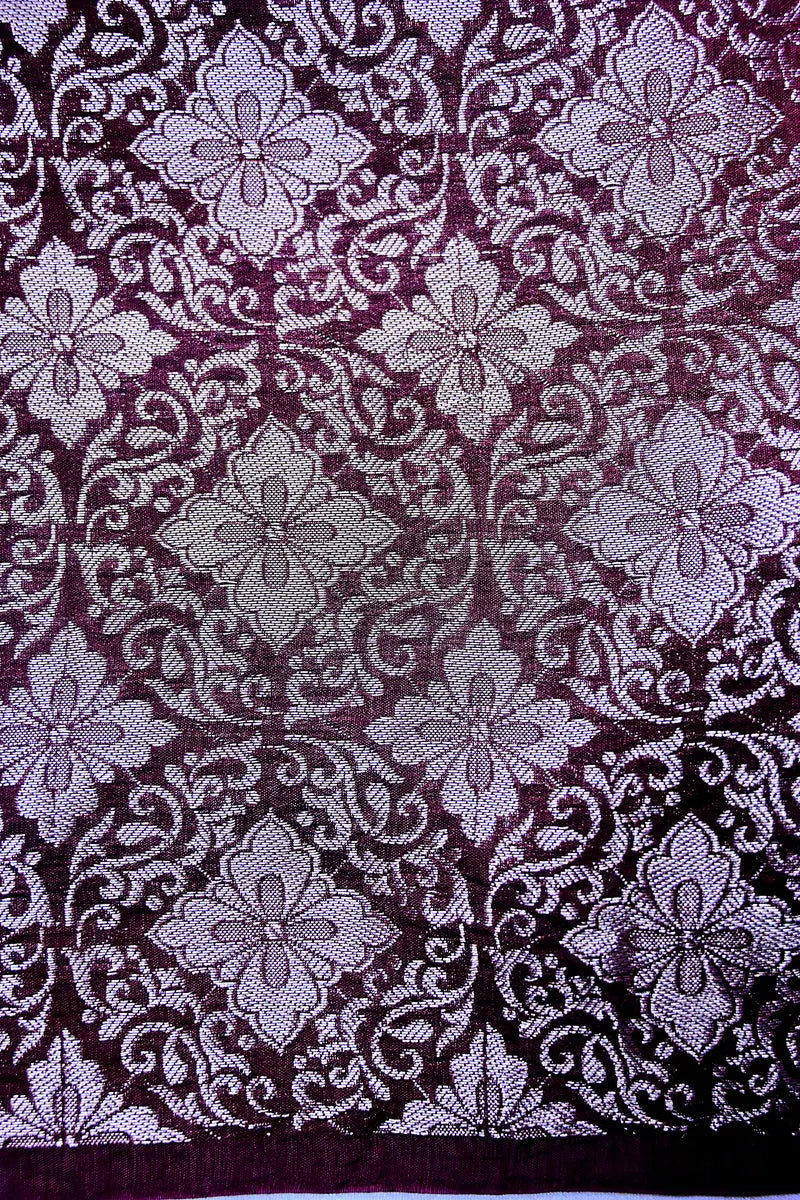 Royal Wine Banarasi Silk Saree with Intricate Silver Zari Floral Motif Border(RLSS-207)