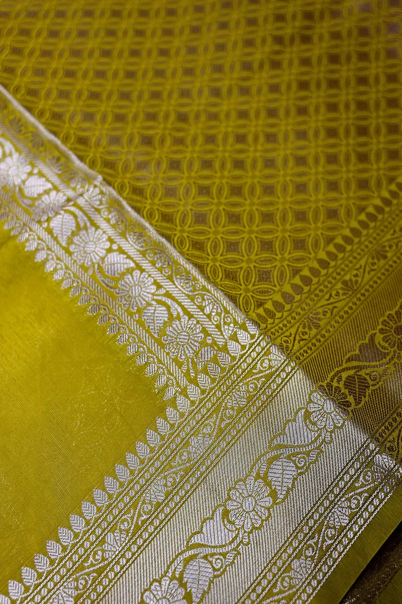 Olive Green Banarasi Silk Saree with Intricate Silver Zari Floral Border(RLSS-212)
