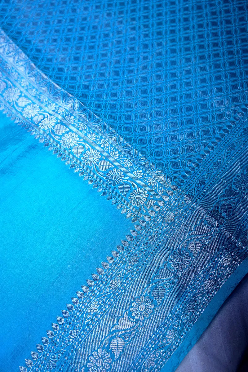 Vibrant Sky Blue Banarasi Silk Saree with Fine Silver Zari Floral Border(RLSS-211)