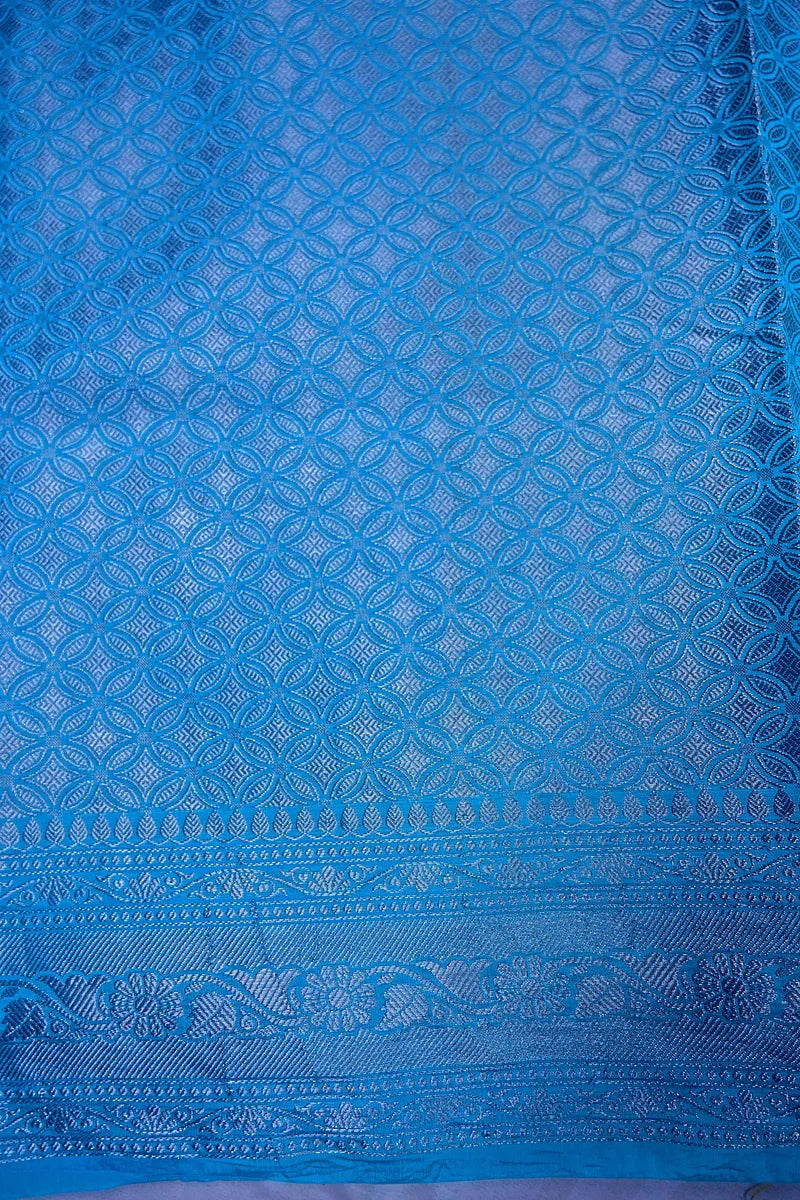 Vibrant Sky Blue Banarasi Silk Saree with Fine Silver Zari Floral Border(RLSS-211)