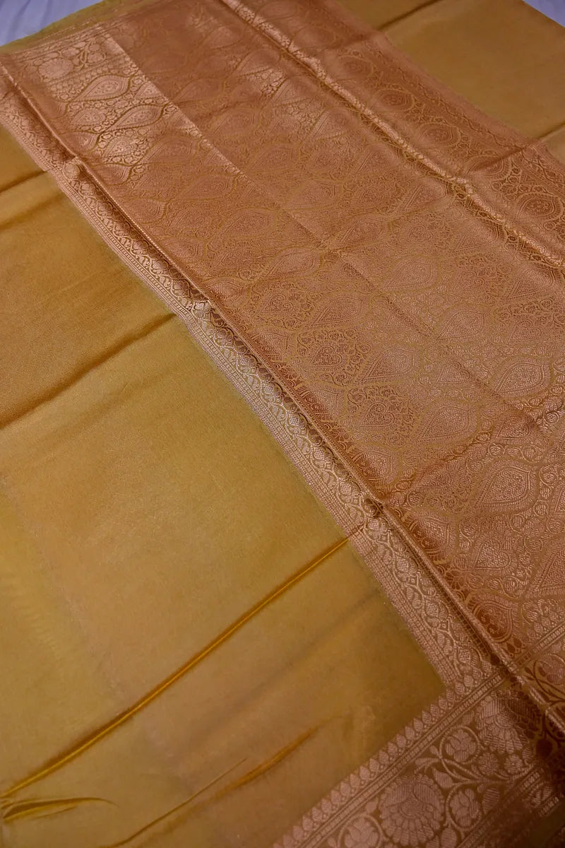 Champagne Gold Banarasi Silk Saree with Intricate Silver Zari Floral Border(RLSS-218)