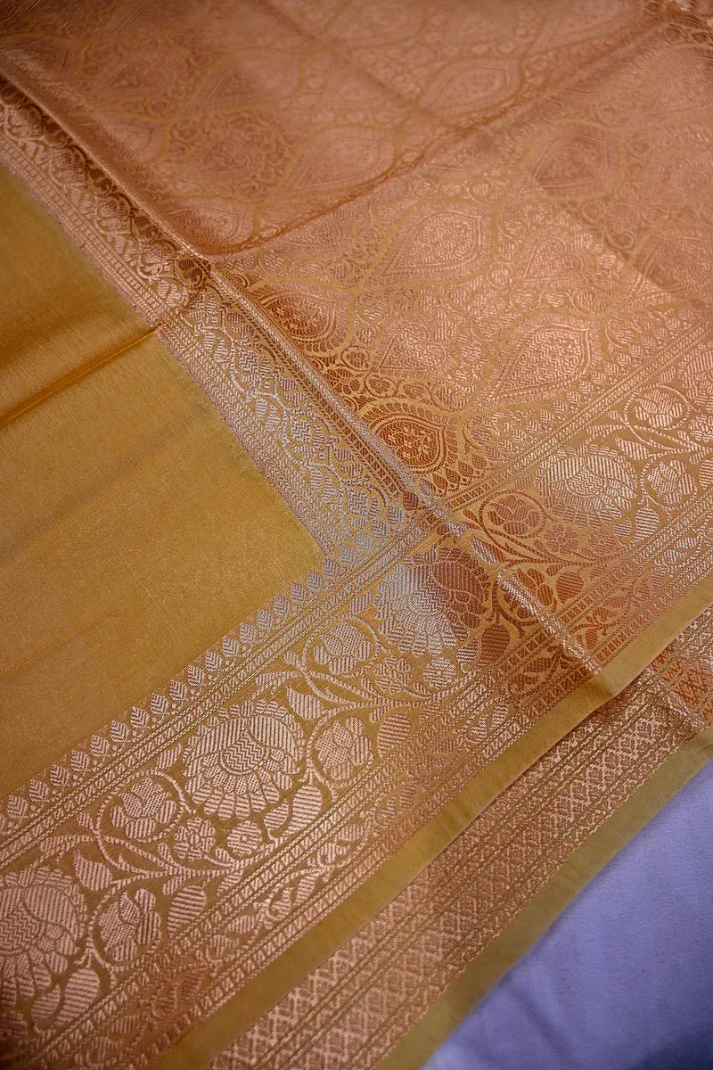 Champagne Gold Banarasi Silk Saree with Intricate Silver Zari Floral Border(RLSS-218)