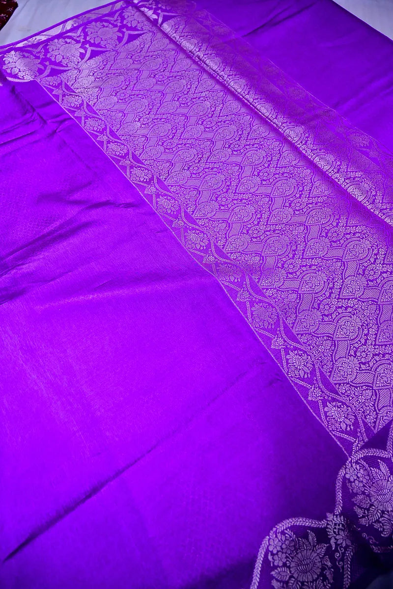 Bright Purple Banarasi Soft Silk Saree featuring Heavy Silver Cut-Work Border(RLSS-198)