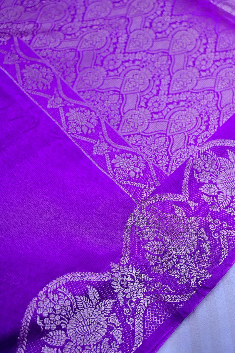 Bright Purple Banarasi Soft Silk Saree featuring Heavy Silver Cut-Work Border(RLSS-198)