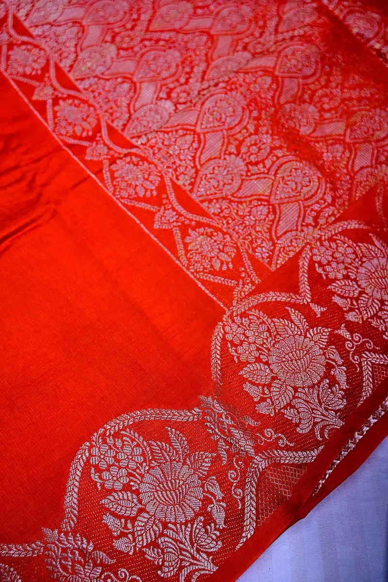 Vibrant Red Banarasi Silk Saree with Silver Zari Scalloped Floral Border(RLSS-191)