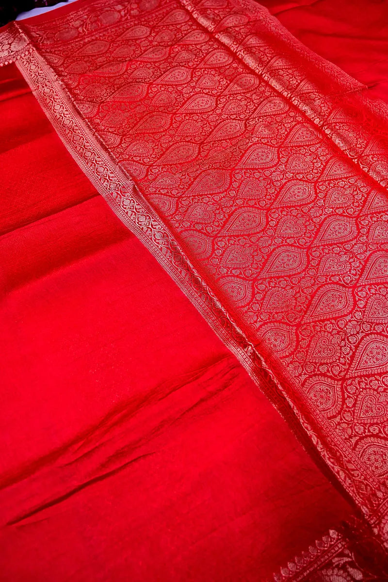 Vibrant Red Banarasi Silk Saree with Silver Zari Scalloped Floral Border(RLSS-191)