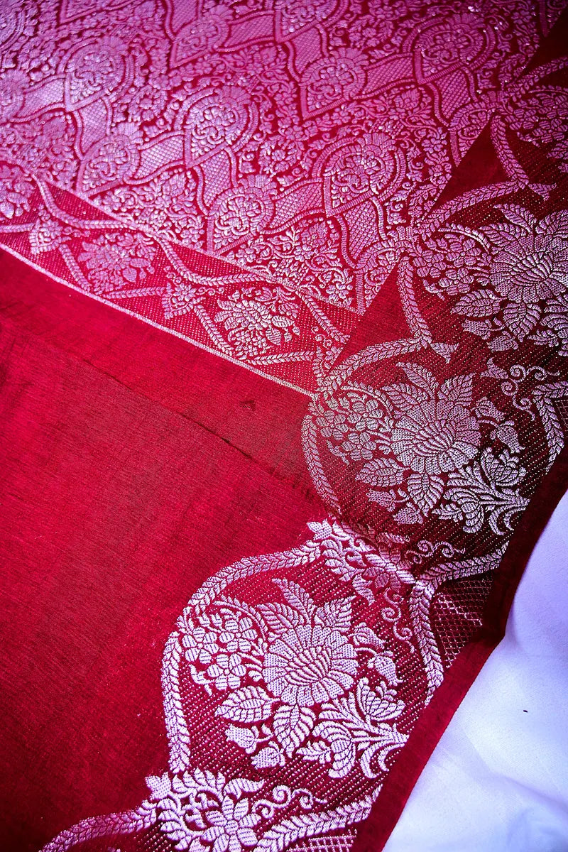 Maroon Banarasi Silk Saree with Silver Zari Scalloped Floral Border(RLSS-192)