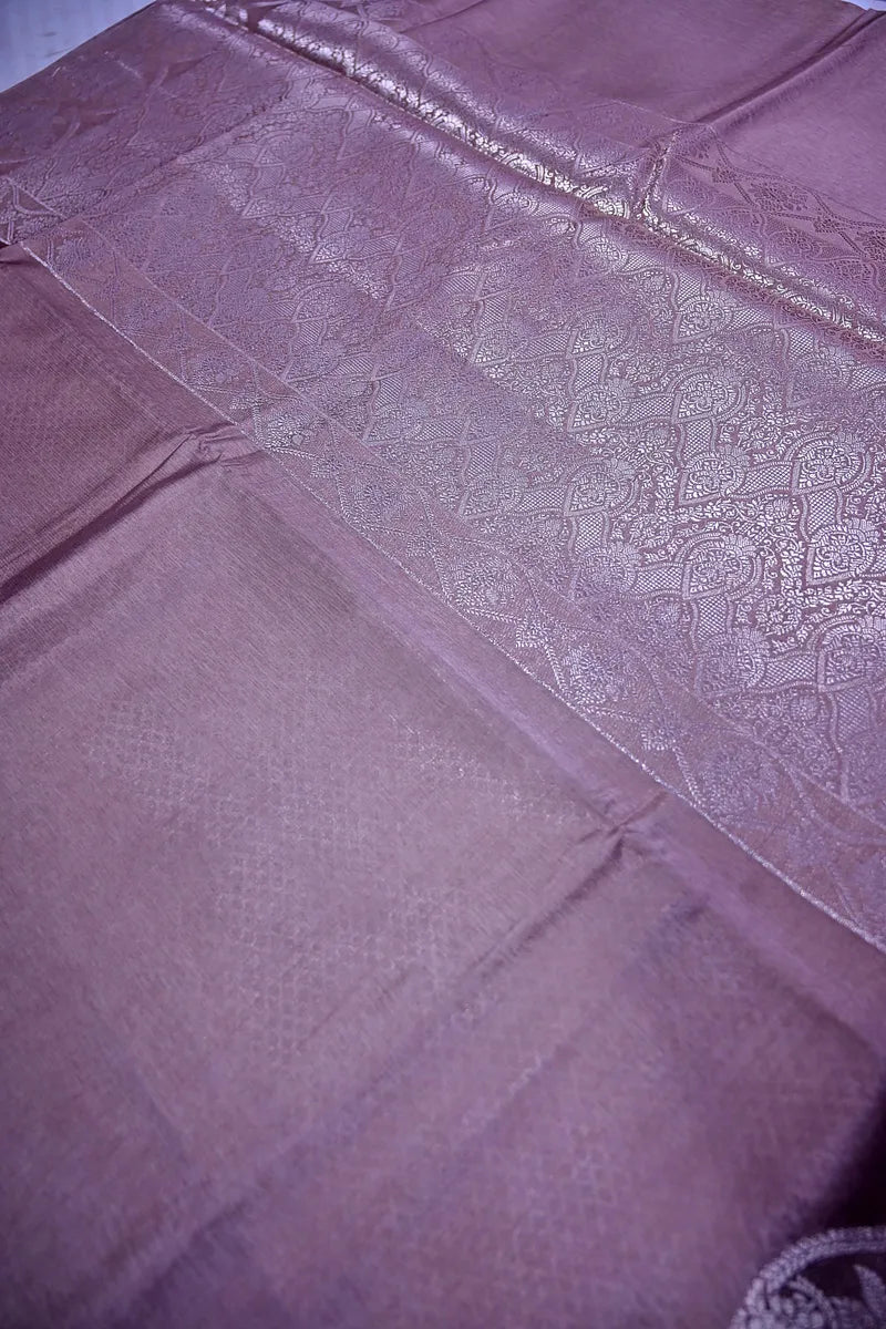 Dusty Mauve Banarasi Silk Saree with Silver Zari Scalloped Floral Border(RLSS-195)