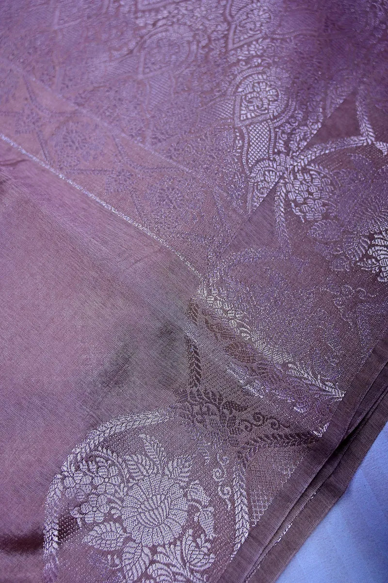 Dusty Mauve Banarasi Silk Saree with Silver Zari Scalloped Floral Border(RLSS-195)