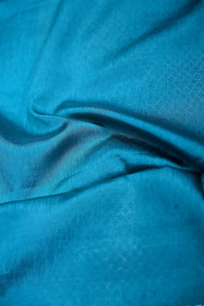 Teal Blue Banarasi Silk Saree with Silver Zari Scalloped Floral BorderRLSS-194)