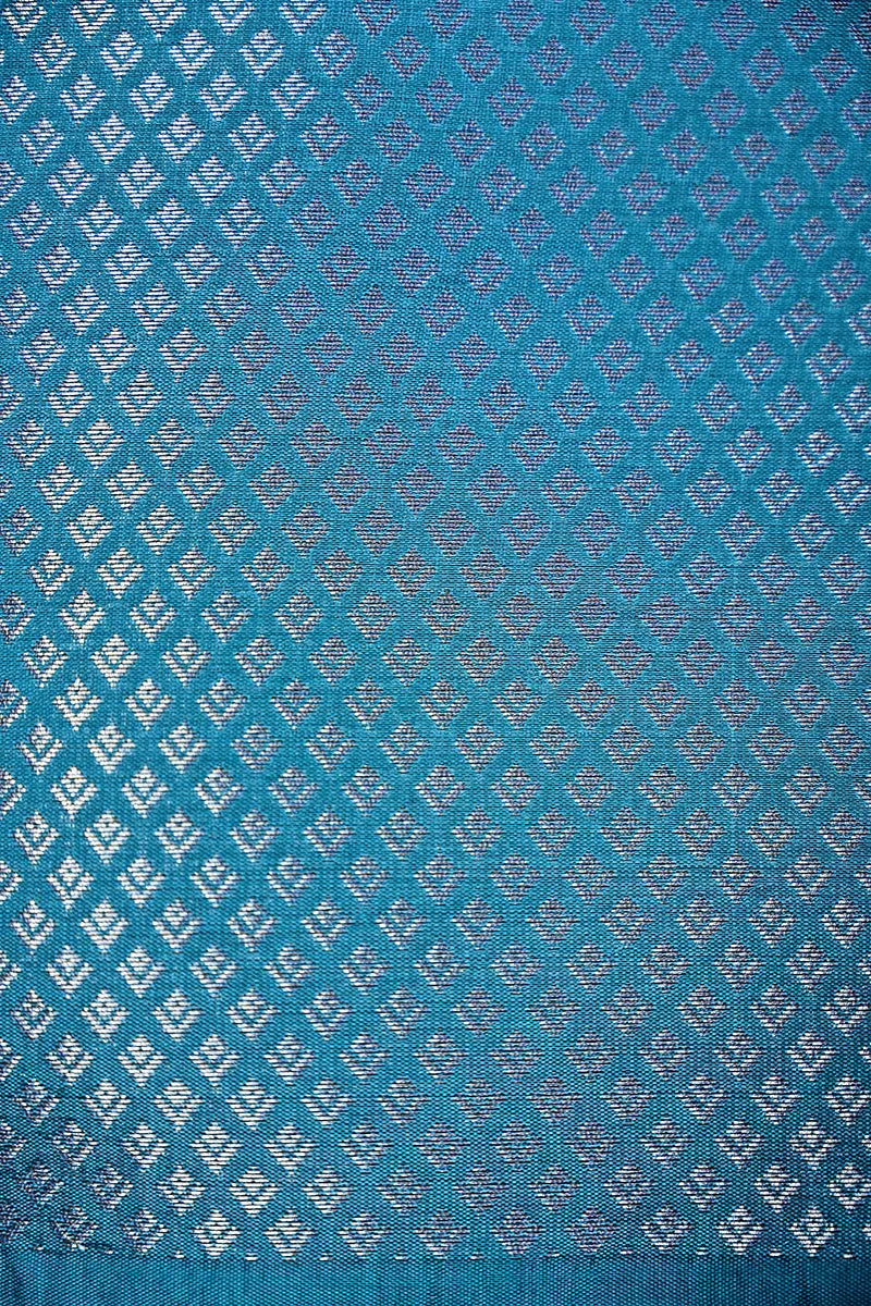 Teal Blue Banarasi Silk Saree with Silver Zari Scalloped Floral BorderRLSS-194)