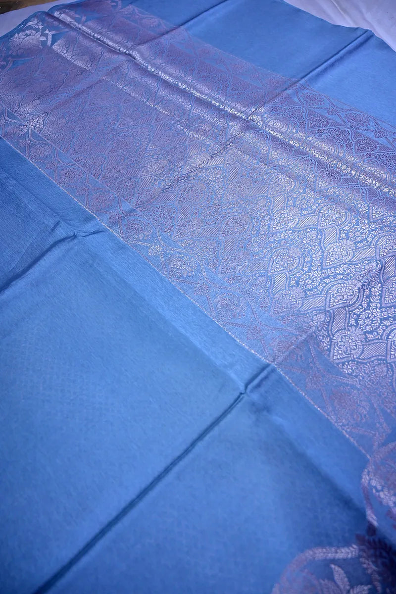 Steel Blue Banarasi Soft Silk Saree featuring Heavy Silver Cut-Work Border(RLSS-196)