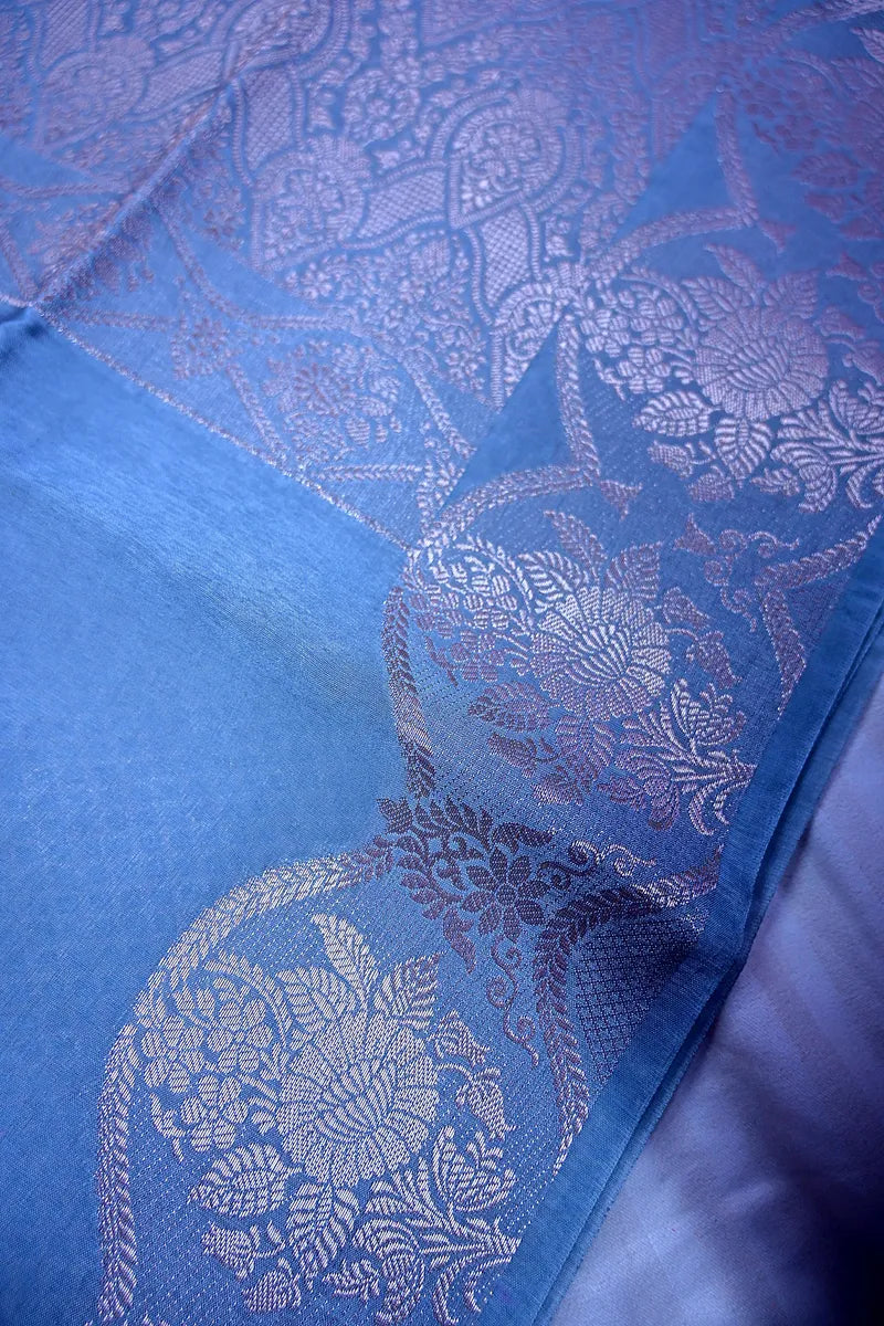 Steel Blue Banarasi Soft Silk Saree featuring Heavy Silver Cut-Work Border(RLSS-196)
