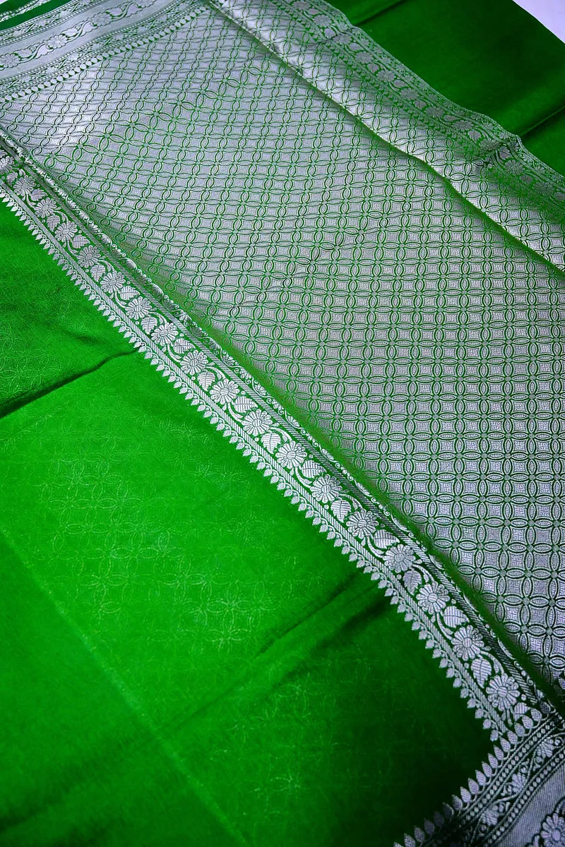 Bottle Green Banarasi Silk Saree with Ornate Silver Zari Floral Border(RLSS-199)